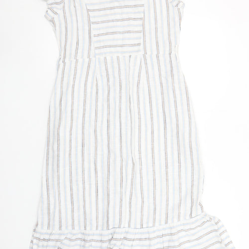 Next Women White Striped Linen Blend Button Knee Length Petite Dress Size 10