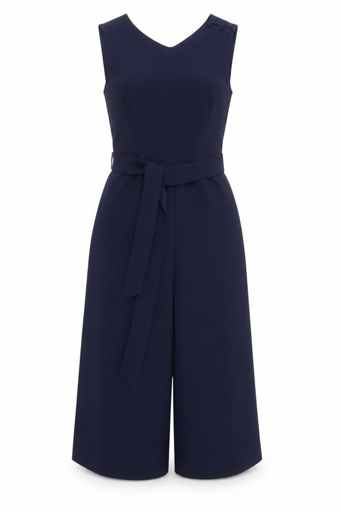 Warehouse Women's Navy Blue Belted Sleeveless Crepe Jumpsuit Size 8
