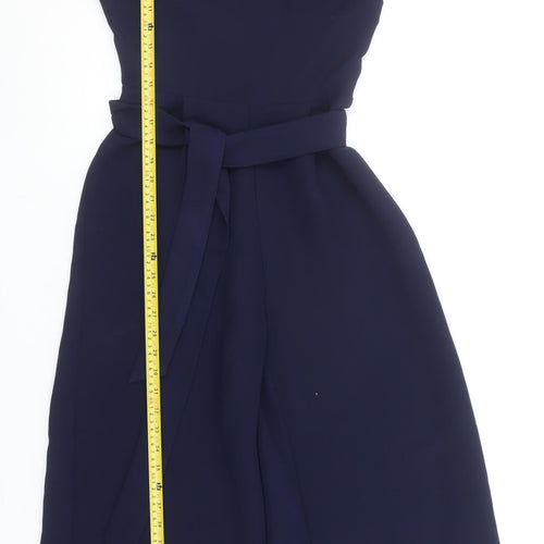 Warehouse Women's Navy Blue Belted Sleeveless Crepe Jumpsuit Size 8