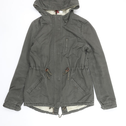 H&M Women’s Green Parka Jacket Size 8 Hooded Lined Mid-Length