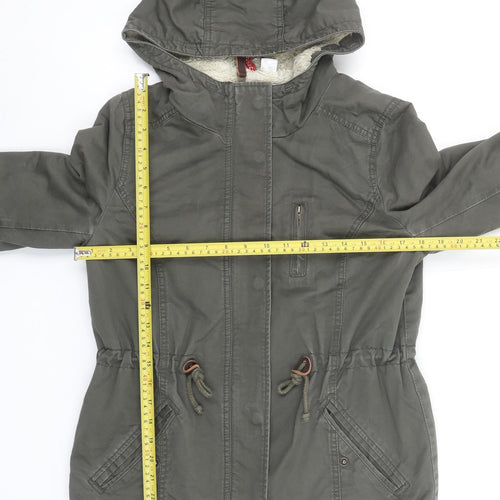 H&M Women’s Green Parka Jacket Size 8 Hooded Lined Mid-Length
