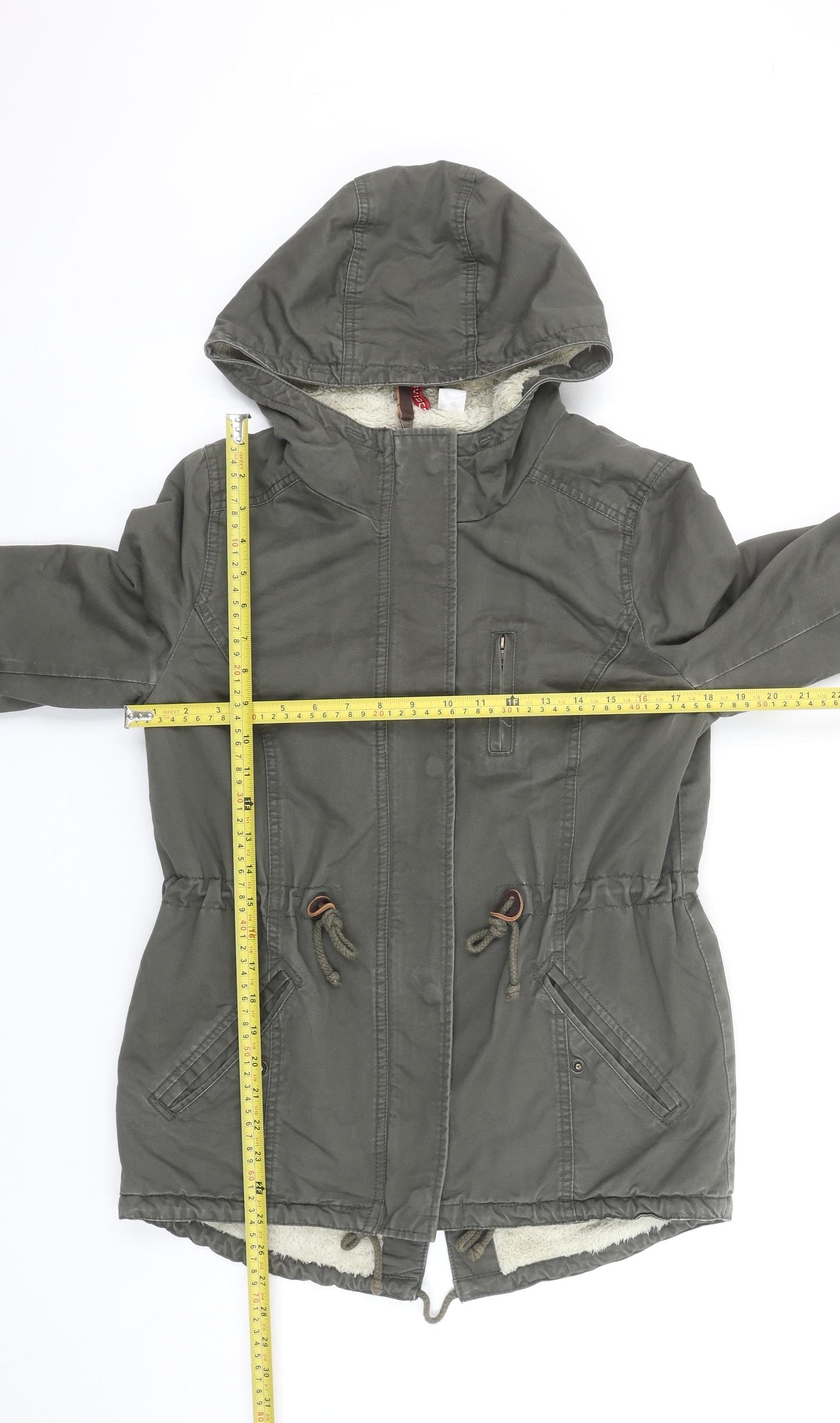H&M Women’s Green Parka Jacket Size 8 Hooded Lined Mid-Length