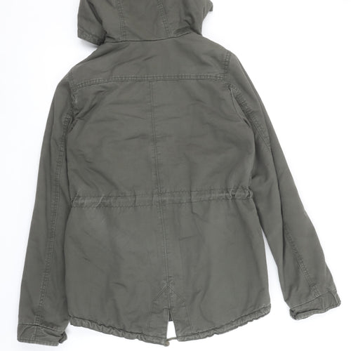 H&M Women’s Green Parka Jacket Size 8 Hooded Lined Mid-Length