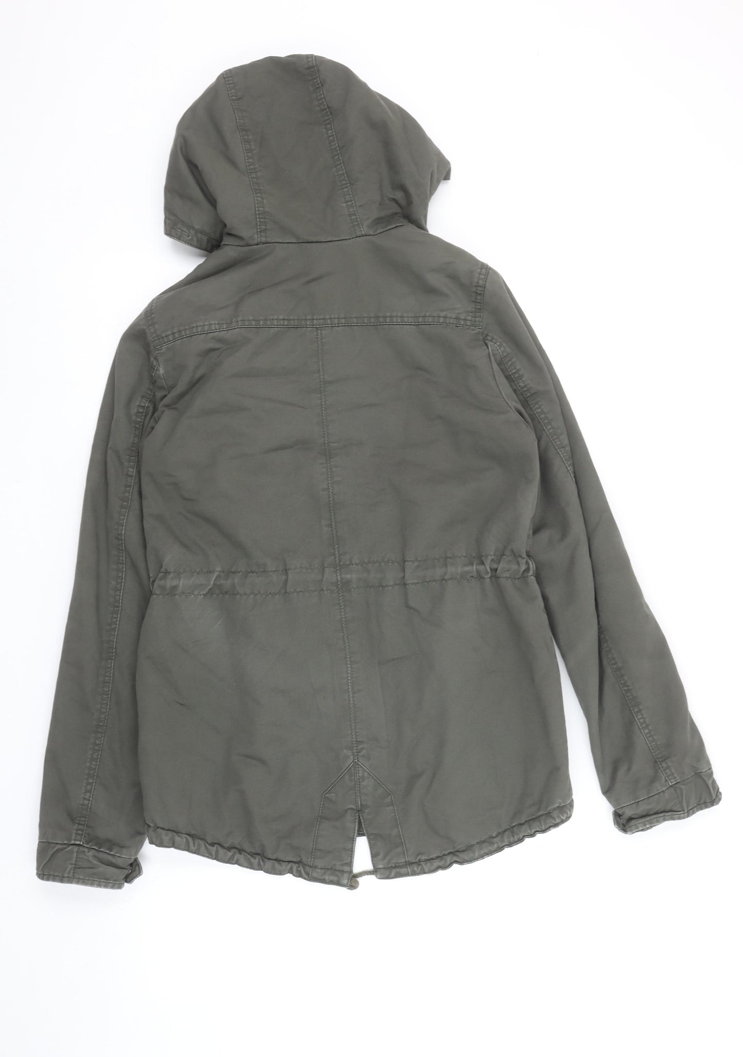 H&M Women’s Green Parka Jacket Size 8 Hooded Lined Mid-Length