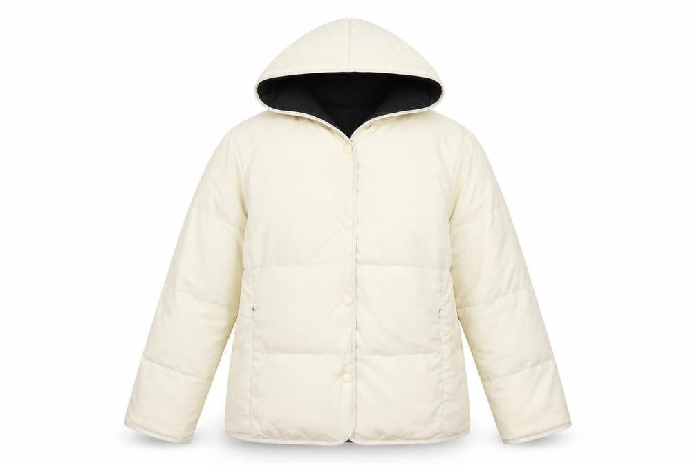 Front view of G.L. women’s ivory puffer jacket m hooded winter coat