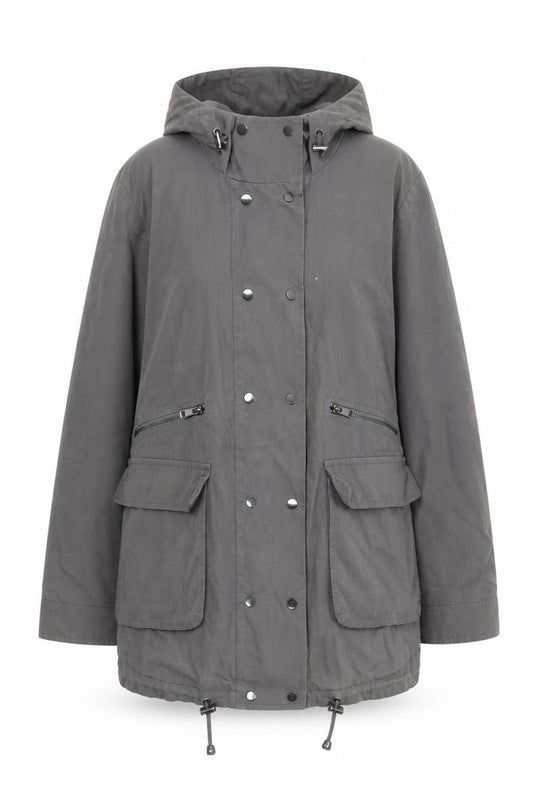 Front view of Mint Velvet Women Grey, size 12, Long Hooded Parka Jacket