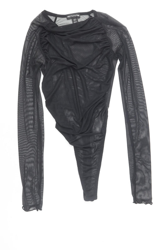 PrettyLittleThing Women Black Mesh Long Sleeve Bodysuit UK 8