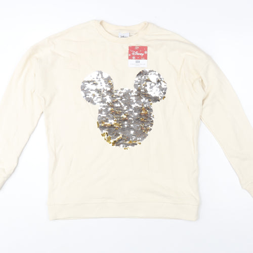 Disney F&F Women Beige Sequin Mickey Sweatshirt UK 8 Cotton Crew Neck