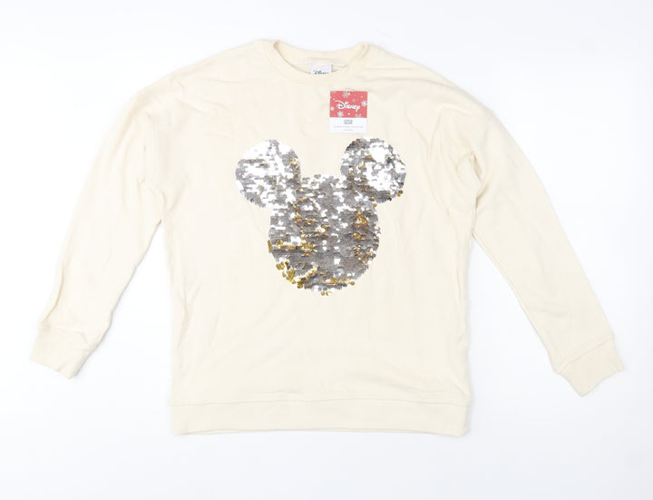 Disney F&F Women Beige Sequin Mickey Sweatshirt UK 8 Cotton Crew Neck