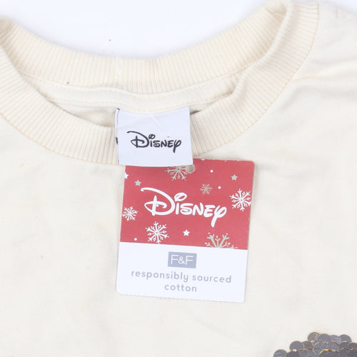 Disney F&F Women Beige Sequin Mickey Sweatshirt UK 8 Cotton Crew Neck