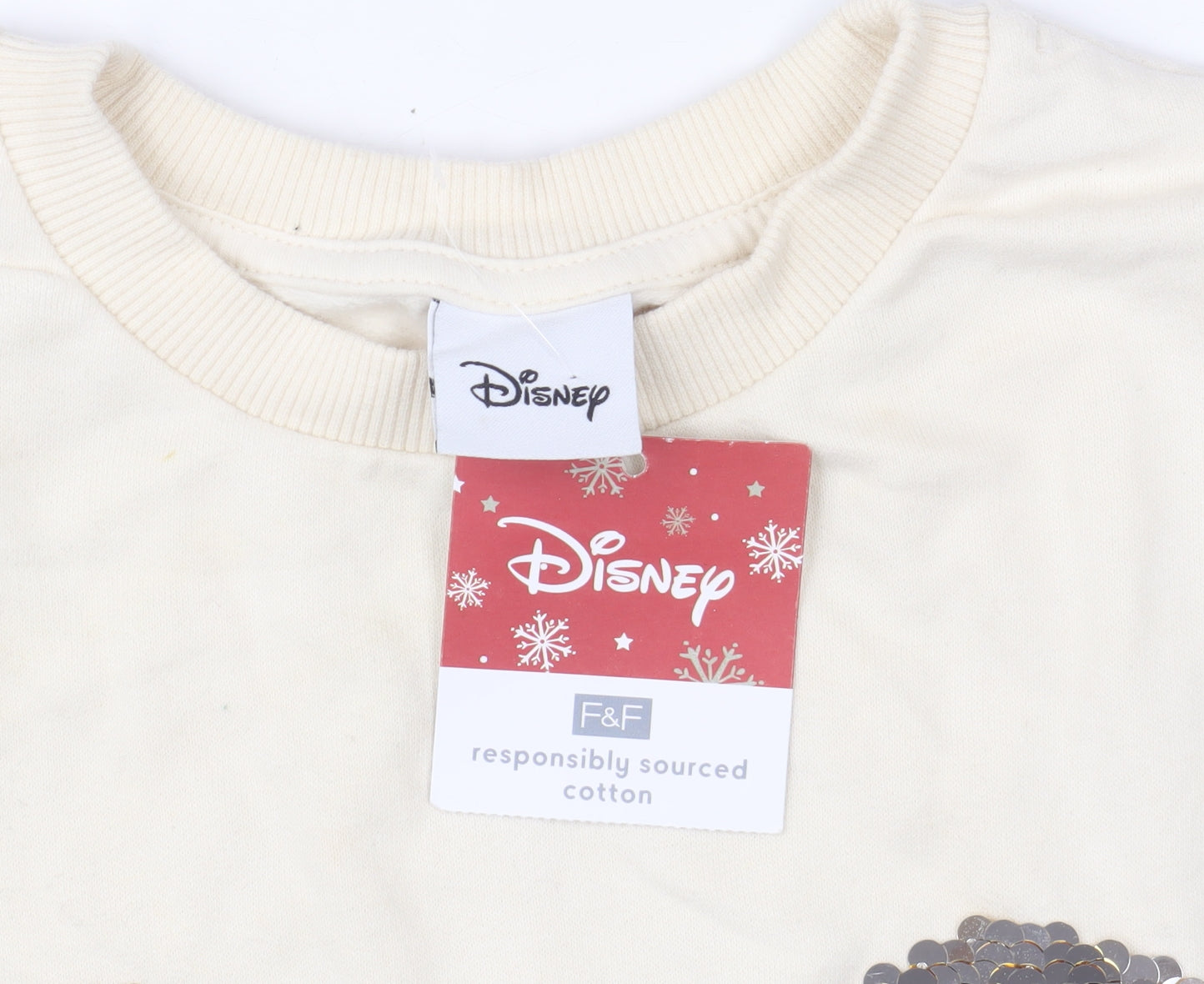 Disney F&F Women Beige Sequin Mickey Sweatshirt UK 8 Cotton Crew Neck