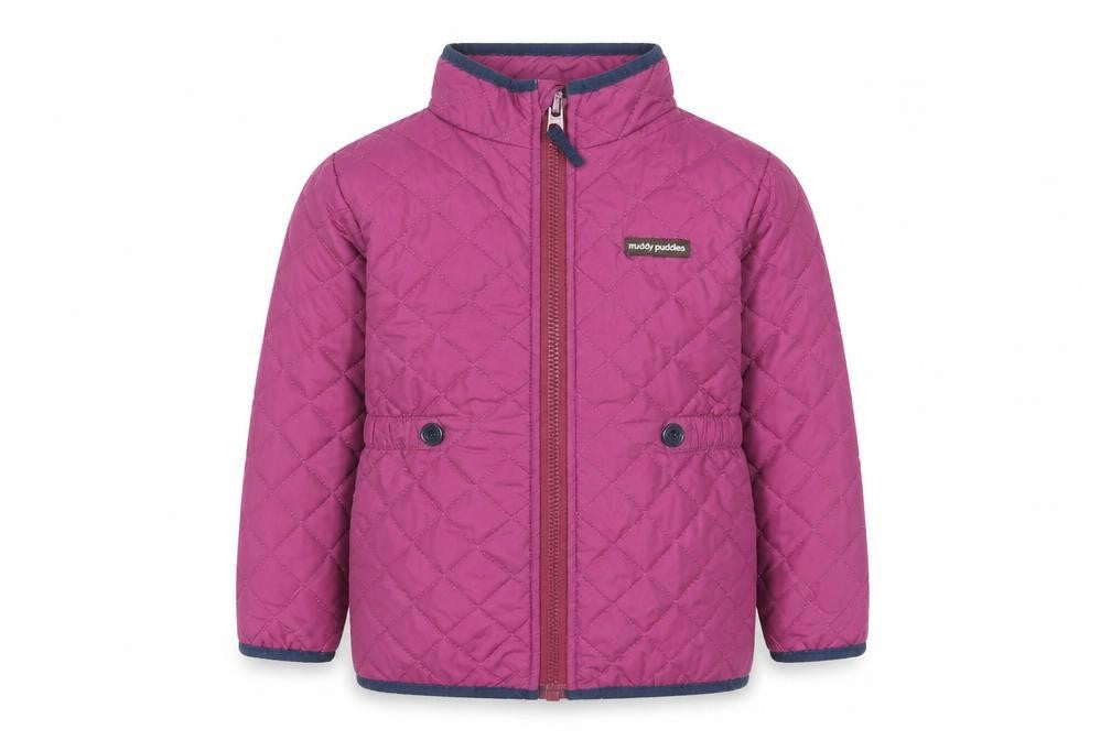 Front view of Muddy Puddles girls’ pink quilted mid-length jacket 6 years