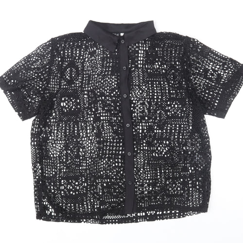 H&M Divided Women's Black Crochet Collared Button-Up Shirt Size 12