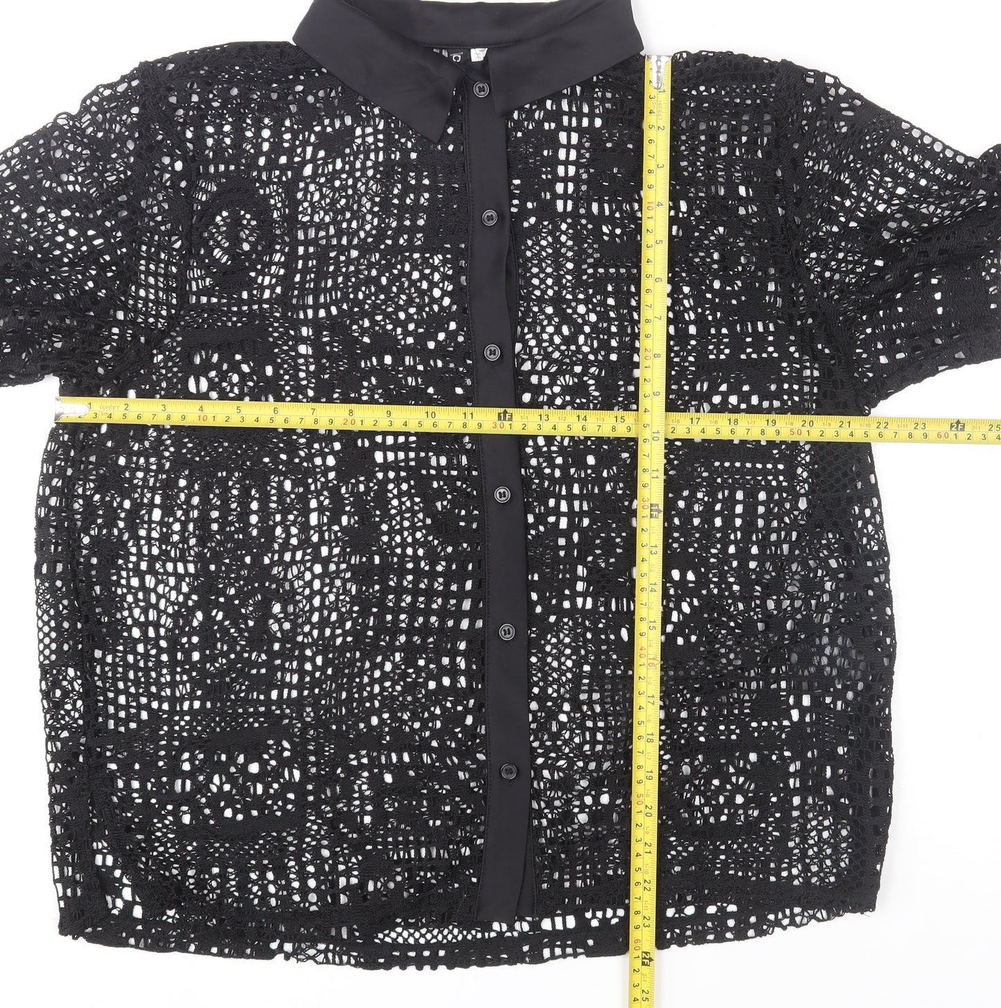 H&M Divided Women's Black Crochet Collared Button-Up Shirt Size 12