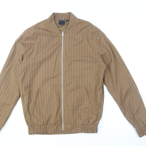 ASOS Men's Brown Striped Bomber Jacket S Regular Fit Cotton Blend
