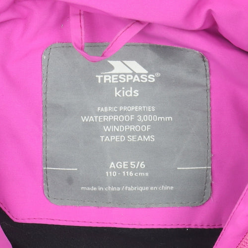 Trespass Girls Pink Black Waterproof Hooded Puffer Jacket Age 5-6 Years