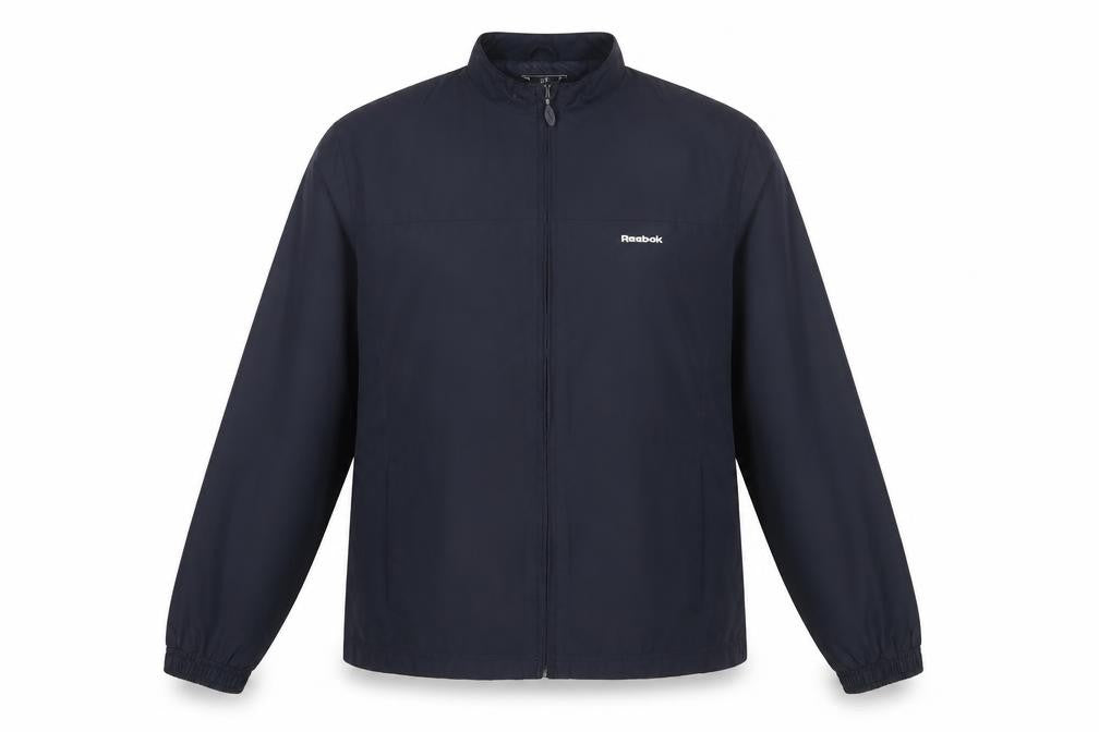 Front view of Reebok women’s blue, size UK 12, lightweight full zip jacket