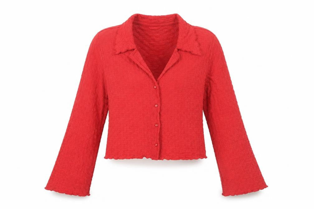 Front view of Monki Women’s Red Cropped Button-Up Long Sleeve Top, size UK 12