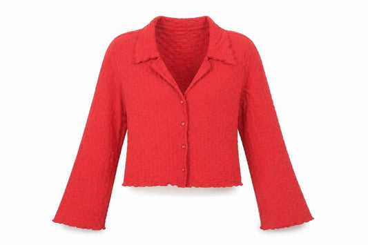 Front view of Monki Women’s Red Cropped Button-Up Long Sleeve Top, size UK 12
