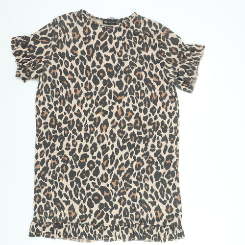 I Saw It First Women Beige Leopard Print Short Sleeve Shift Dress Size 12