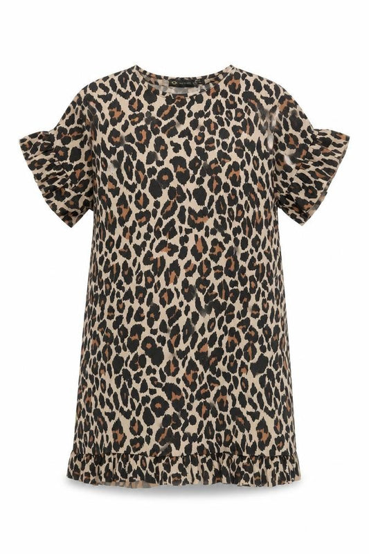 Front view of I Saw It First Women Beige Leopard Print Short Sleeve Shift Dress, size 12