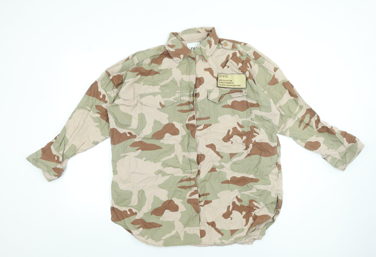 Zara Men’s Beige Camouflage Cotton Button-Up Shirt Size S