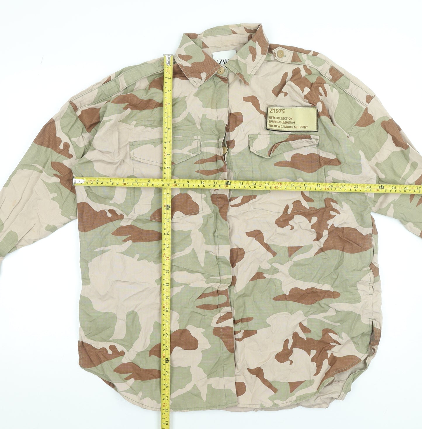 Zara Men’s Beige Camouflage Cotton Button-Up Shirt Size S