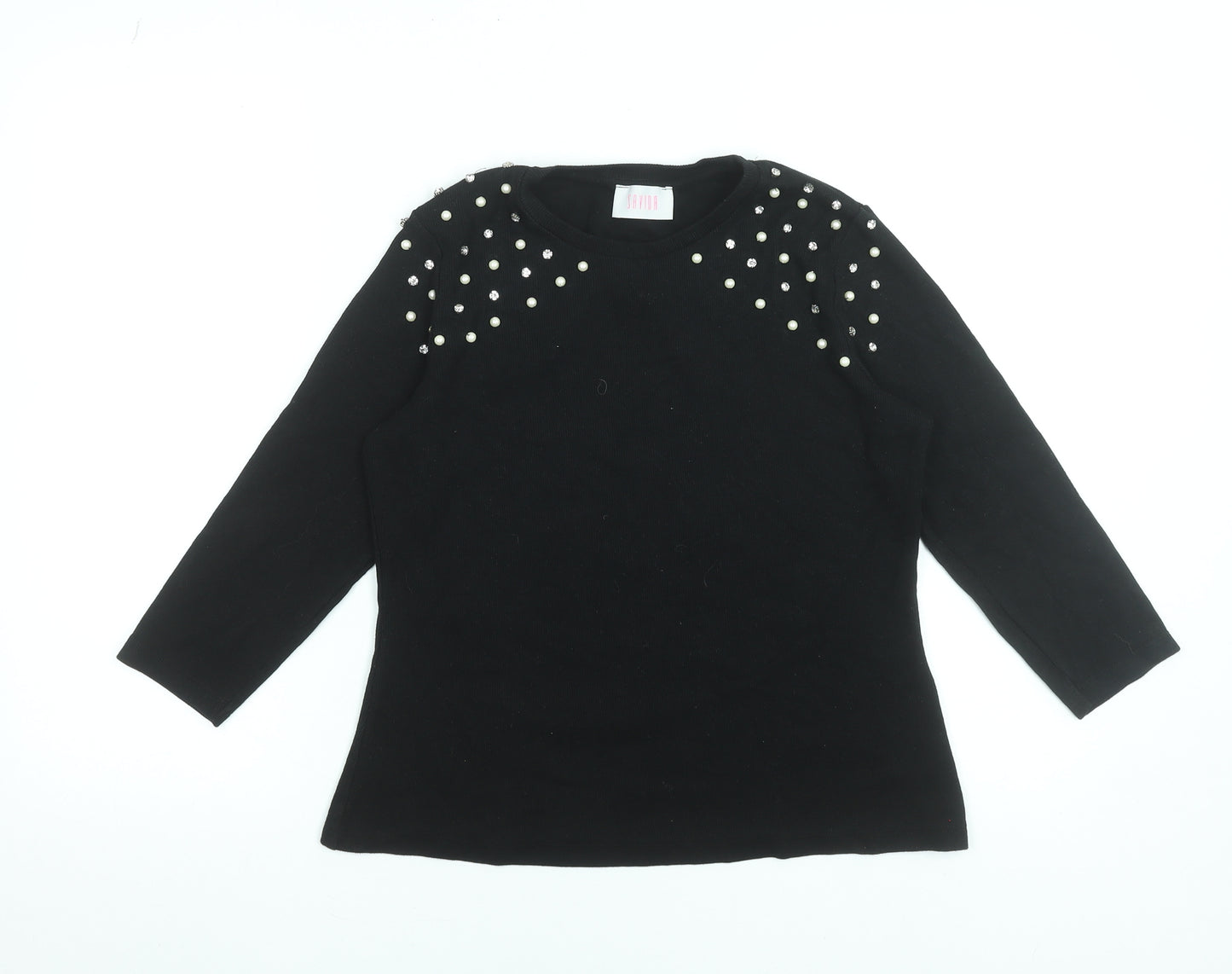 Savida Women Black Beaded 3/4 Sleeve Cotton Stretch Top Size 16