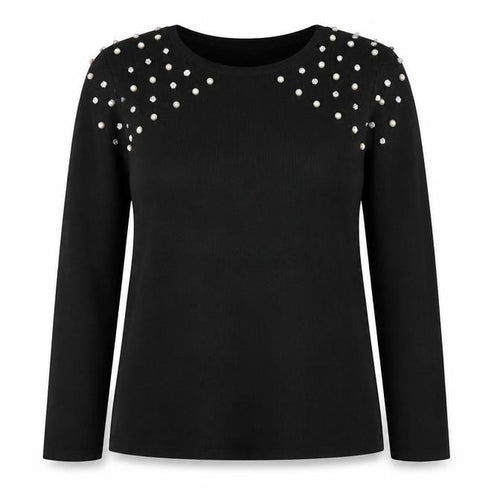 Savida Women Black Beaded 3/4 Sleeve Cotton Stretch Top Size 16