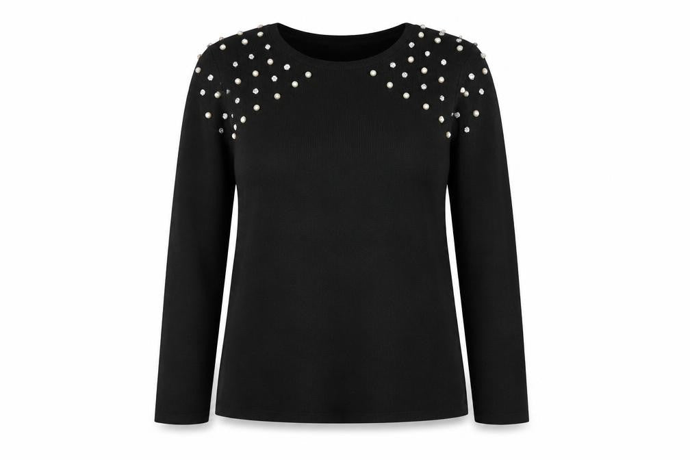 Savida Women Black Beaded 3/4 Sleeve Cotton Stretch Top Size 16