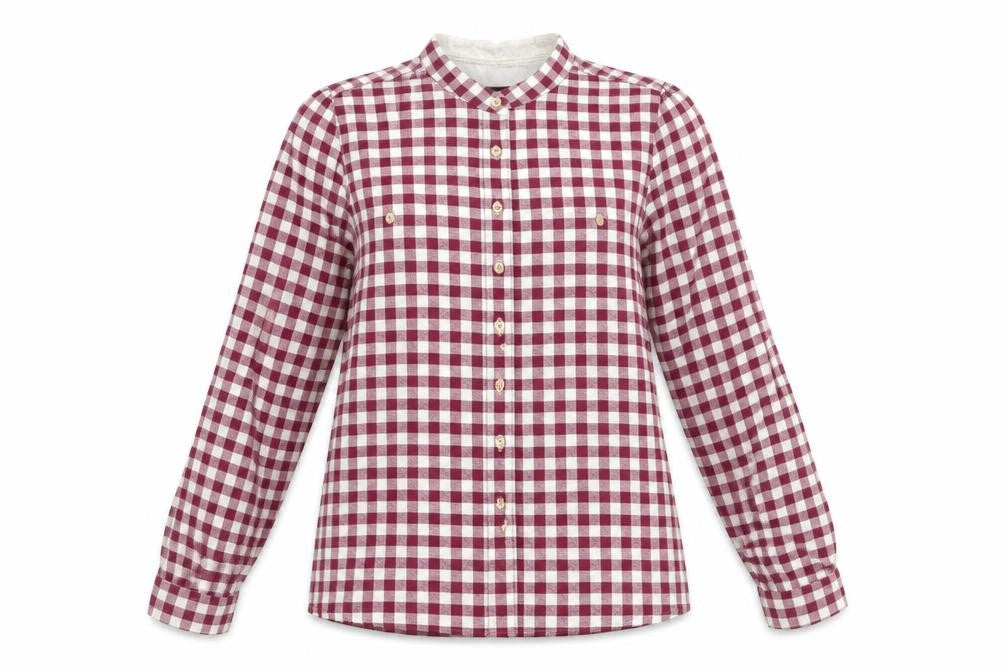 Front view of Musto women’s red check cotton long sleeve button-up shirt, size UK 16