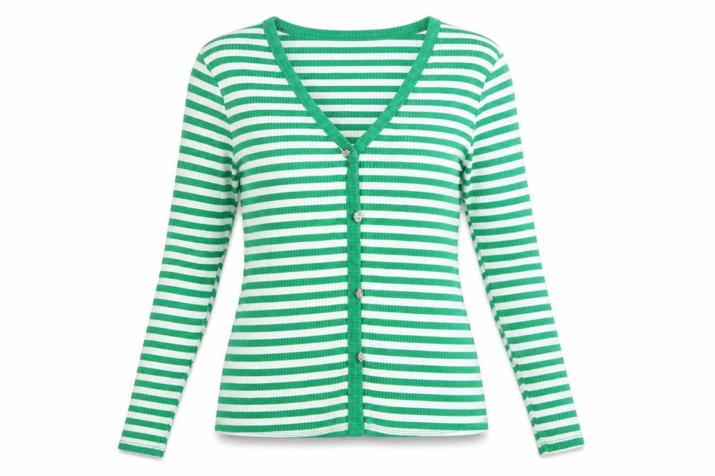 Savida Women’s Green White Striped Long Sleeve Button-Up Top Size 14
