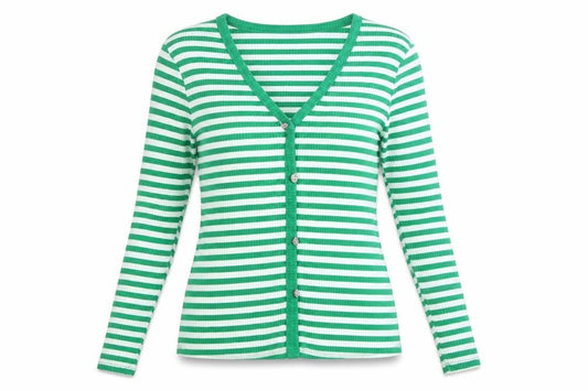 Front view of Savida Women’s Green White Striped Long Sleeve Button-Up Top, size UK 14