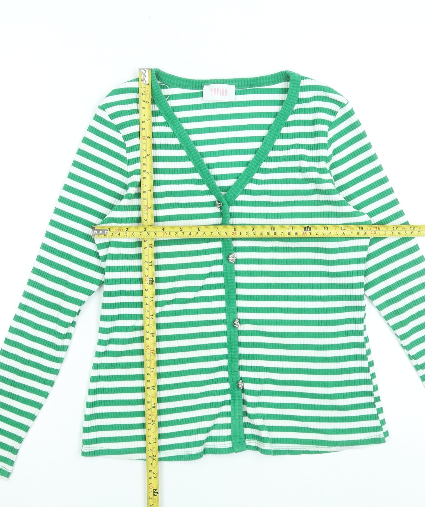 Savida Women’s Green White Striped Long Sleeve Button-Up Top Size 14