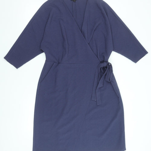 Topshop Women’s Blue Wrap Dress UK 16 Knee Length 3/4 Sleeve