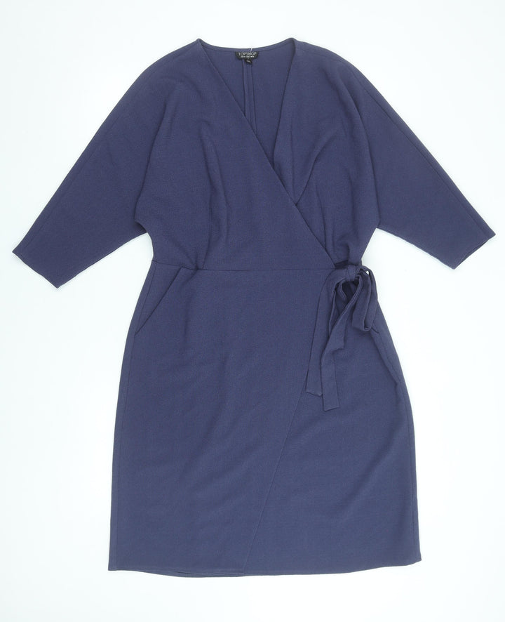 Topshop Women’s Blue Wrap Dress UK 16 Knee Length 3/4 Sleeve