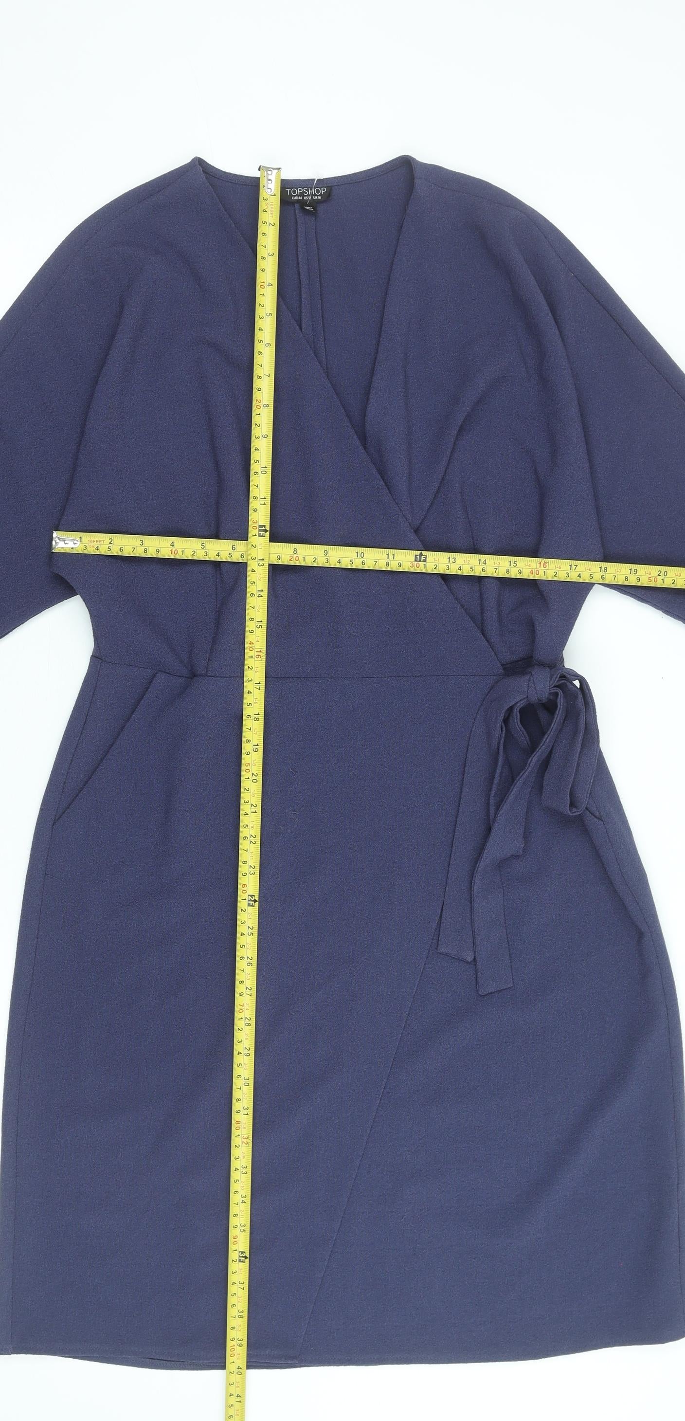 Topshop Women’s Blue Wrap Dress UK 16 Knee Length 3/4 Sleeve