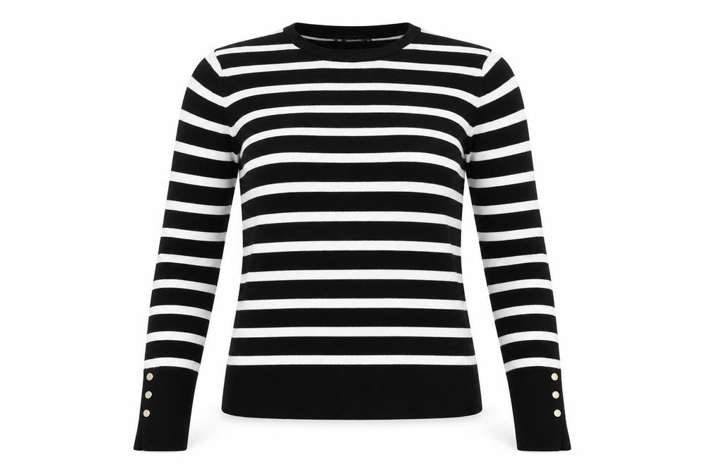Front view of Dunnes Women’s Black White Striped Crew Neck jumper, size S