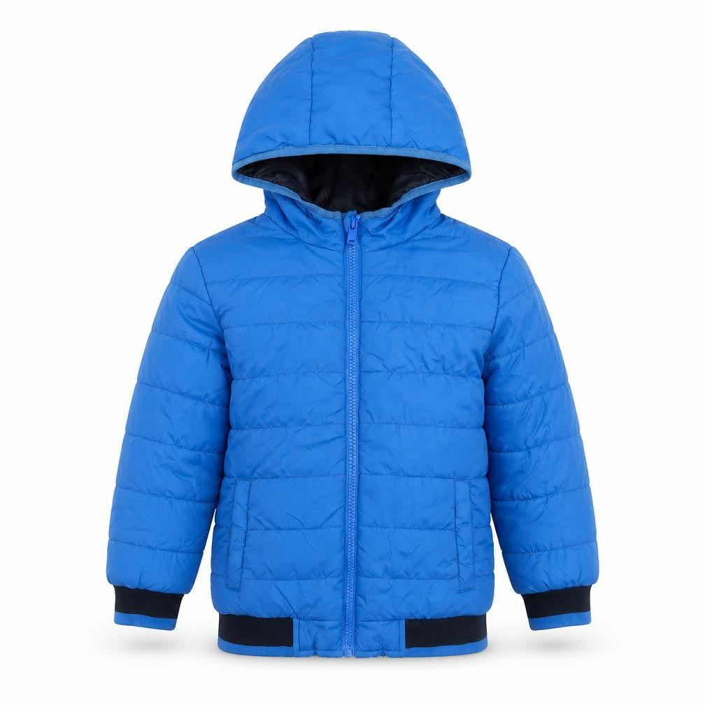 Front view of Dunnes boys’ blue 5-6 years puffer jacket hooded full zip lined