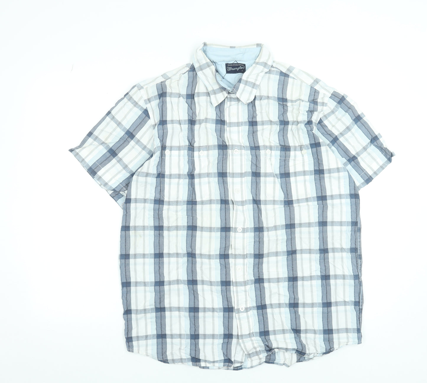 Wrangler Men's Blue Check Short Sleeve Cotton Button-Up Shirt L