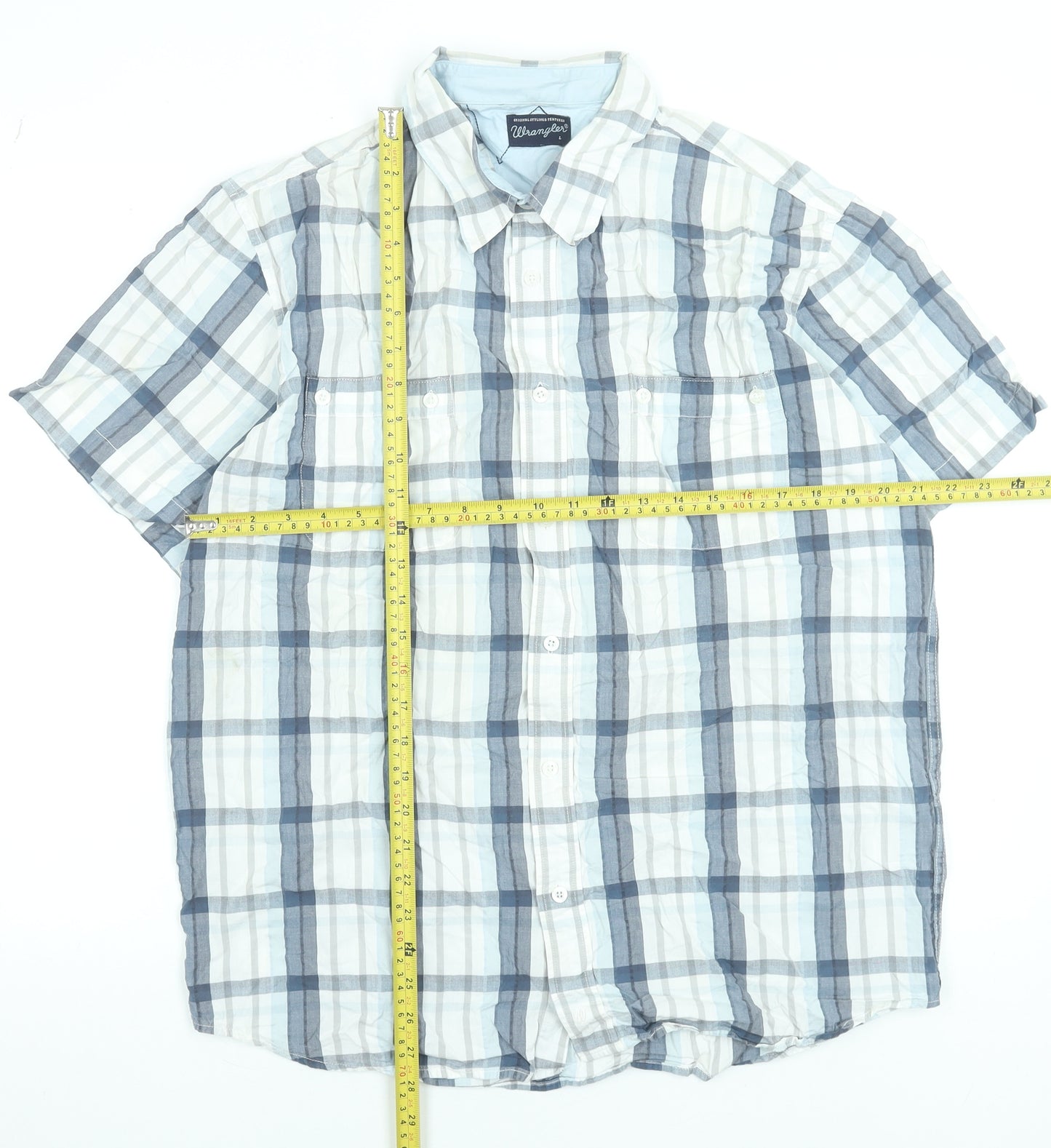 Wrangler Men's Blue Check Short Sleeve Cotton Button-Up Shirt L
