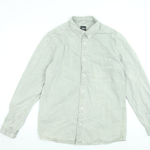 Zara Men Grey Button-Down Cotton Long Sleeve Shirt Size M