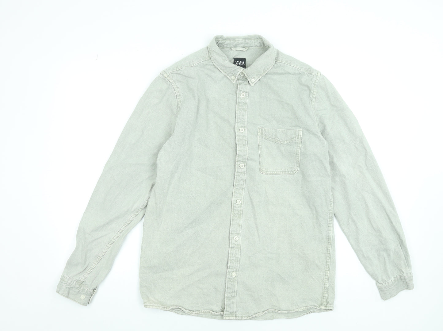 Zara Men Grey Button-Down Cotton Long Sleeve Shirt Size M