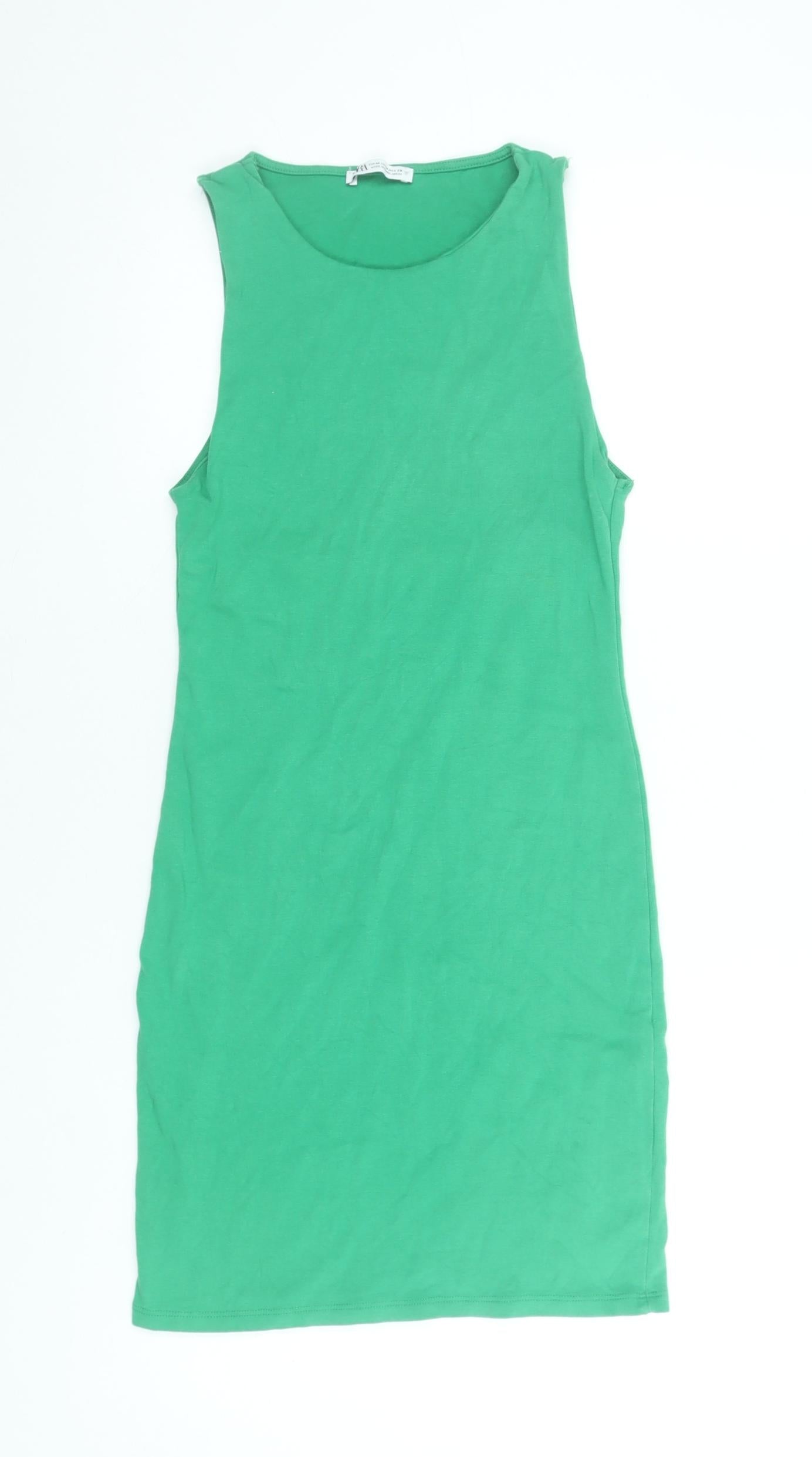 Zara Women Green Cotton Bodycon Sleeveless Dress Size 12