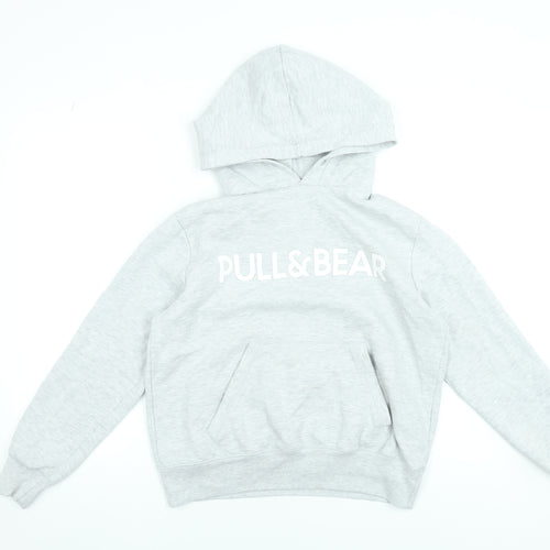 Pull & Bear Women Grey Hoodie Small Cotton Blend Logo Pullover