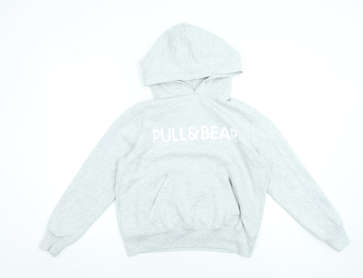 Pull & Bear Women Grey Hoodie Small Cotton Blend Logo Pullover