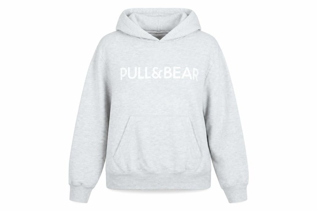 Pull&Bear Women Grey Hoodie Small Cotton Blend Logo Pullover