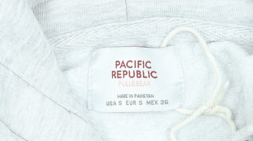 Pull & Bear Women Grey Hoodie Small Cotton Blend Logo Pullover