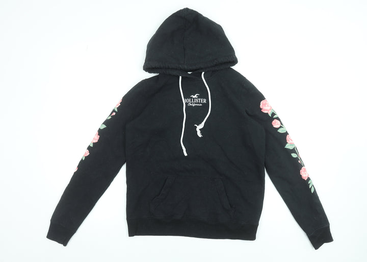Hollister Women Black Floral Pullover Hoodie Small Cotton Blend