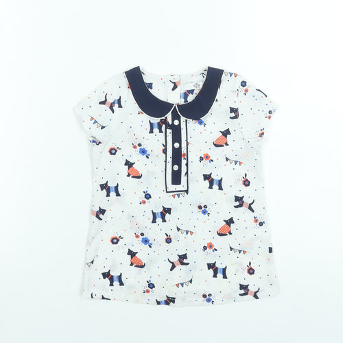 Marks and Spencer Girls White Dog Print Short Sleeve Blouse 3-4 Years